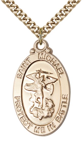 14KT GOLD FILLED ST MICHAEL PENDANT ON A CHAIN - 1 1/8" x 5/8"